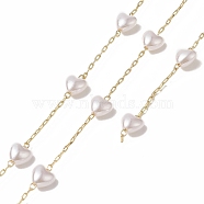 Handmade Plastic Pearl Heart Beaded Chains, with Rack Plating Brass Cable Chains, Soldered, with Card Paper, Golden, 9x6x4mm(CHC-C026-02)