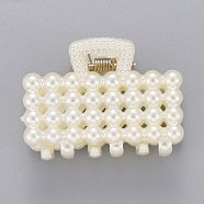 Plastic Claw Hair Clips, with ABS Plastic Imitation Pearl Beads and Iron Findings, Rectangle, White, 28.5x40x26mm(PHAR-G002-11)