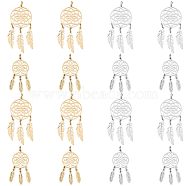 8Pcs 4 Style 201 & 304 Stainless Steel Pendants, with Jump Rings, Polished, Woven Net/Web with Feather, Golden & Stainless Steel Color, 32~46x14~20x1mm, Hole: 3mm, 2pcs/style(STAS-SC0004-28)