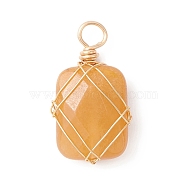 Natural Yellow Jade Copper Wire Wrapped Pendants, Faceted Rectangle Charms, Golden, 25~26x14~18.5x7~7.5mm, Hole: 4mm(PALLOY-JF02131-02)