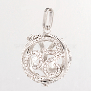 Eco-Friendly Rack Plating Brass Rhinestone Hollow Round Cage Pendants, For Chime Ball Pendant Necklaces Making, Cadmium Free & Nickel Free & Lead Free, Platinum & Golden, 32x27x26mm, Hole: 9x4mm, inner: 23mm(KK-M180-07P-NR)