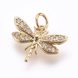 Brass Micro Pave Cubic Zirconia Pendants, Lead Free & Cadmium Free, Dragonfly, Golden, 12x15.5x2mm, Hole: 3mm(ZIRC-E152-16G-RS)