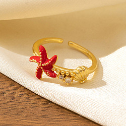 Brass Micro Pave Cubic Zirconia Cuff Open Rings, Starfish, Golden, Red, Inner Diameter: 15~20mm(FS-WG84ED8-03)