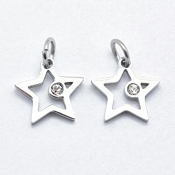 316 Surgical Stainless Steel Pendants, with Cubic Zirconia, Long-Lasting Plated, Star, Clear, Stainless Steel Color, 14x14x2mm, Hole: 3mm(STAS-J038-01A-P)