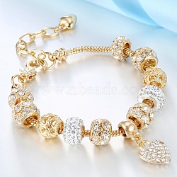 Heart Alloy with Crystal Rhinestone Charm Bracelets, Snake Chain Bracelets, with Alloy European Large Hole Beads, Golden, 7-1/8~8-5/8 inch(18~22cm)(FS-WG8E942-01)