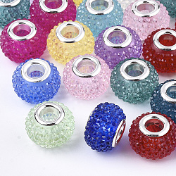 Resin Rhinestone European Beads, Large Hole Beads, with Platinum Tone Brass Double Cores, Rondelle, Berry Beads, Mixed Color, 14x10mm, Hole: 5mm(X-RPDL-T002-03)