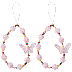 Acrylic Beaded Mobile Phone Lanyard Wrist Strap, Butterfly Phone Anti-Lost Chain for Women Girls, Pink, 22cm(AJEW-WH20006-62)