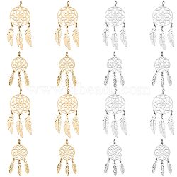 8Pcs 4 Style 201 & 304 Stainless Steel Pendants, with Jump Rings, Polished, Woven Net/Web with Feather, Golden & Stainless Steel Color, 32~46x14~20x1mm, Hole: 3mm, 2pcs/style(STAS-SC0004-28)