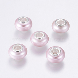 Handmade Shell Pearl European Beads, Large Hole Beads, with Brass Findings, Rondelle, Silver Color Plated, Lavender Blush, 13~14x8.5~10mm, Hole: 5mm(BSHE-K009-A03)