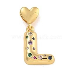 Brass Micro Pave Colorful Cubic Zirconia Pendants, Heart Letter Charms, Real 18K Gold Plated, Letter L, 30.5mm, Hole: 6x3mm, pendant: 21x16x4mm(KK-P281-01G-L)