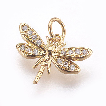 Brass Micro Pave Cubic Zirconia Pendants, Lead Free & Cadmium Free, Dragonfly, Golden, 12x15.5x2mm, Hole: 3mm