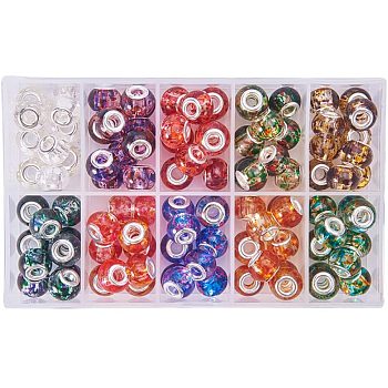 Spray Painted Glass European Beads, with Silver Brass Cores, Large Hole Beads, Rondelle, Mixed Color, 15x12mm, Hole: 5mm, about 100pcs/box