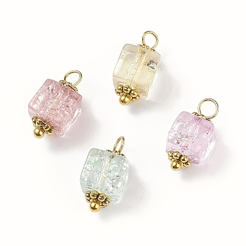 Glass Pendants, with Brass Findings, Cube, Mixed Color, 14x6~6.5x6~6.5mm, Hole: 1.8~2mm