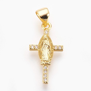 Brass Micro Pave Cubic Zirconia Pendants, Lead Free & Cadmium Free & Nickel Free, Long-Lasting Plated, Cross with Virgin Mary, Clear, Real 18K Gold Plated, 20x10x3mm, Hole: 3x3.5mm