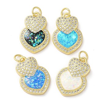 Valentine's Day Brass Micro Pave Clear Cubic Zirconia Pendants, with Synthetic Opal, Real 18K Gold Plated, Heart Charms, Mixed Color, 19.5x13.5x3.5mm, Hole: 3.5mm