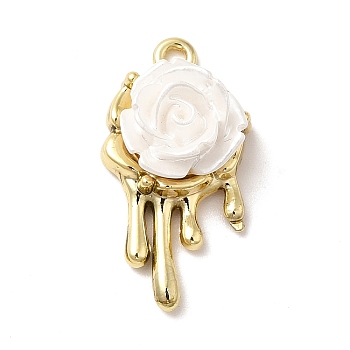 Opaque Resin Pendants, White Rose Charms, with Alloy Findings, Golden, 24.5x13x8.5mm, Hole: 1.6mm