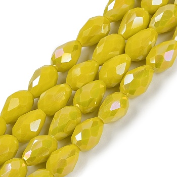 Opaque Solid Color Electroplate Glass Beads Strands, AB Color Plated, Faceted, Teardrop, Champagne Yellow, 6x4mm, Hole: 0.9mm, about 65~67pcs/strand, 15.35~16.14 inch(39~41cm)