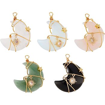 SUPERFINDING 5Pcs Natural & Synthetic Gemstone Copper Wire Wrapped Pendants, Moon Charm, with Brass Clear Cubic Zirconia, Real 18K Gold Plated, 43~44x30.5~31x10.5~11.5mm, Hole: 4~5mm