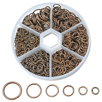 1 Box Iron Jump Rings Set, Mixed Sizes, Open Jump Rings, Round Ring, Red Copper, 18~21 Gauge, 4~10x0.7~1mm, Inner Diameter: 2.6~8mm, 10g/size, 6 sizes, about 1000pcs/box