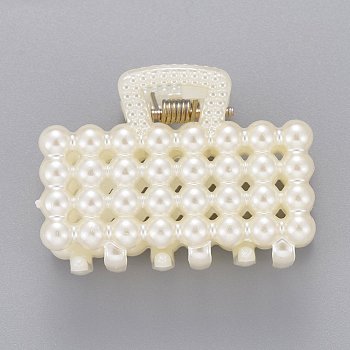 Plastic Claw Hair Clips, with ABS Plastic Imitation Pearl Beads and Iron Findings, Rectangle, White, 28.5x40x26mm
