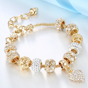 Heart Alloy with Crystal Rhinestone Charm Bracelets, Snake Chain Bracelets, with Alloy European Large Hole Beads, Golden, 7-1/8~8-5/8 inch(18~22cm)