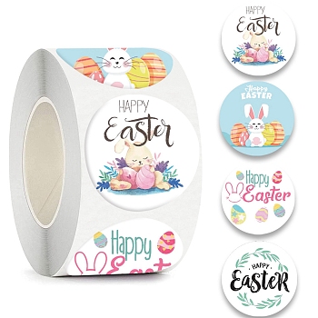 4 Patterns Round Dot Easter Theme Paper Self-adhesive Rabbit Easter Egg Stickers, for Gift Sealing Decor, Mixed Color, Sticker: 25mm, 500pcs/roll