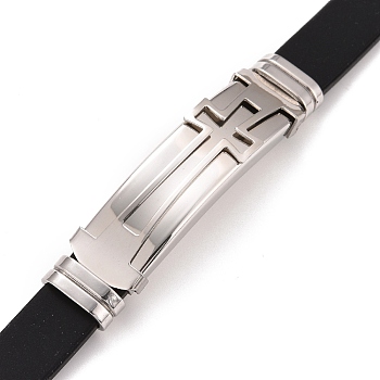 201 Stainless Steel Rectangle with Cross Link Bracelet with PU Leather Cord for Men Women, Stainless Steel Color, 8-1/2 inch(21.5cm)