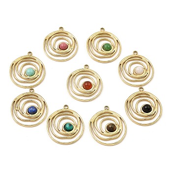 Natural Mixed Gemstone Pendants, Ion Plating(IP) 316 Stainless Steel Ring Charms, Real 24K Gold Plated, 20.5x17x2.5mm, Hole: 1.5mm