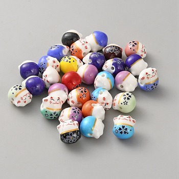 Handmade Printed Porcelain Beads, Cat Shape, 14.5x13x12.5mm, Hole: 2mm