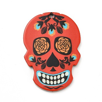 Printed 201 Stainless Steel Sugar Skull Pendants, Cinco de Mayo Charm, Orange Red, 40.5x28x2mm, Hole: 2mm