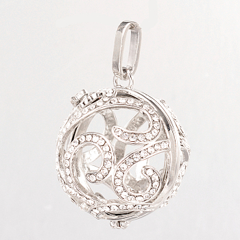 Eco-Friendly Rack Plating Brass Rhinestone Hollow Round Cage Pendants, For Chime Ball Pendant Necklaces Making, Cadmium Free & Nickel Free & Lead Free, Platinum & Golden, 32x27x26mm, Hole: 9x4mm, inner: 23mm