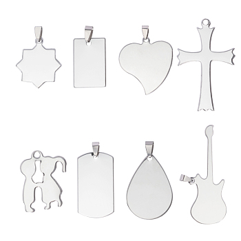201 Stainless Steel Heart Stamping Blank Tag Pendants, Mixed Shapes, Stainless Steel Color, 30~70x20~40x1mm, hole: 3~8mm, 32pcs/box