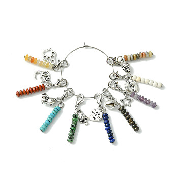 Gemstone Beaded Pendant Decorations, Alloy Mixed Shapes and Lobster Claw Clasps Charm, 41mm, 9pcs/set
