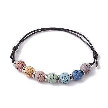 Dyed Natural Lava Rock Round Braided Bead Bracelets, Waxed Polyester Cords Adjustable Bracelet, Colorful, Inner Diameter: 2-3/4~4-1/8 inch(7~10.4cm)