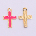 Alloy Enamel Pendants, Lead Free & Cadmium Free, Cross, Light Gold, Hot Pink, 16x10x1mm, Hole: 1.5mm(ENAM-CJC0002-08A-RS)
