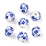 Handmade Porcelain Beads, Blue and White Porcelain, Round with Flower, Blue, 8mm, Hole: 1.8mm(X-PORC-E021-02B)