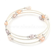 Four-Loops Brass & Natural Freshwater Pearl Beaded Wrap Bracelets for Women, Silver, Inner Diameter: 1-7/8 inch(4.8cm)(BJEW-F470-02S)