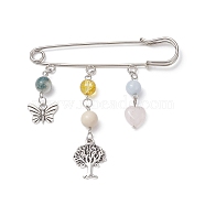 Natural & Synthetic Mixed Gemstone Heart & Butterfly & Tree Charms Safety Pin Brooch, Alloy Lapel Pin for Sweater Clasp Pants Waist Extender, Platinum, 75x76x5mm(JEWB-BR00100)