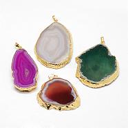 Electroplated Natural & Dyed Agate Big Pendants, with Golden Plated Brass Findings, Mixed Color, 58~72x31~53x6~9mm, Hole: 8x5mm(G-N0167-030)