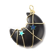 Natural Obsidian Copper Wire Wrapped Pendants, with Electroplate Non-magnetic Star Synthetic Hematite, Golden, Moon, 41~43x35x11mm, Hole: 3~3.5mm(PALLOY-JF01639-03)