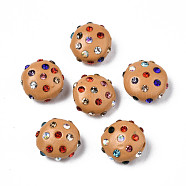 Polymer Clay Rhinestone Beads, Pave Disco Ball Beads, Flat Round, BurlyWood, 11~12x7mm, Hole: 1.4mm, Rhinestone: pp15(2.1~2.2mm)(RB-S056-27K)