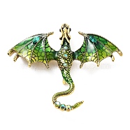 Dragon Enamel Pins, Antique Golden Plated Alloy Rhinestone Brooch for Unisex, Green, 61x71x11mm(X-JEWB-K018-17AG-02)