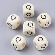 Printed Natural Wood Beads, Horizontal Hole, Cube with Initial Letter, PapayaWhip, Letter.Q, 10x10x10mm, Hole: 3.5mm, about 1000pcs/500g(WOOD-T026-001Q)