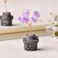 Natural Amethyst Chips Tree Decorations, Millstone Base with Copper Wire Feng Shui Energy Stone Gift for Home Office Desktop Decoration, 30x25x50mm(PW-WG51792-01)