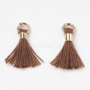Polycotton(Polyester Cotton) Tassel Pendant Decorations, Mini Tassel, with Brass Findings, Light Gold, Coconut Brown, 10~15x3~4mm, Hole: 2mm(FIND-S275-18G)