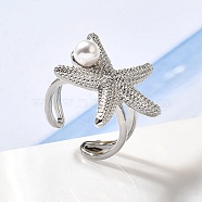 Brass Cuff Rings for Women, Starfish, with ABS Imitation Pearl, Rack Plating, Long-Lasting Plated, Lead Free and Cadmium Free, Platinum, 25x24.5mm, Inner Diameter: 18mm(RJEW-Q008-02P)