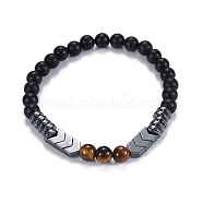 Natural Black Agate(Dyed) & Tiger Eye Beads Stretch Bracelets, with Non-Magnetic Synthetic Hematite Beads, 2 inch(5.2cm)(BJEW-JB04219-04)