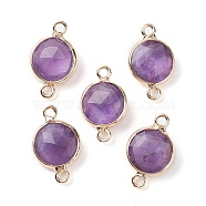 Natural Amethyst Connector Charms, Faceted Flat Round with Golden Plated Brass Frame, 16.5x10.5x5mm, Hole: 1.5mm(G-C102-09F-G)