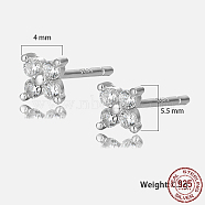 Platinum Rhodium Plated Sterling Silver Flower Stud Earrings, with Cubic Zirconia, with S925 Stamp, Clear, 4x4mm(FC2873-2)