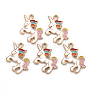 Alloy Enamel Pendants, Light Gold, Cadmium Free & Nickel Free & Lead Free, Unicorn, Pearl Pink, 24x17.5x1.5mm, Hole: 1.6mm(ENAM-N055-024D-NR)